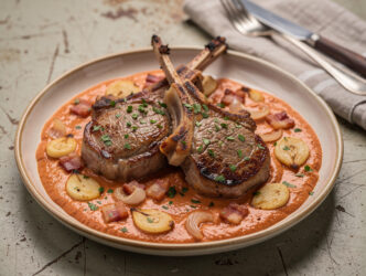 Gebakken lamskoteletjes met romige tomatensaus en knoflook