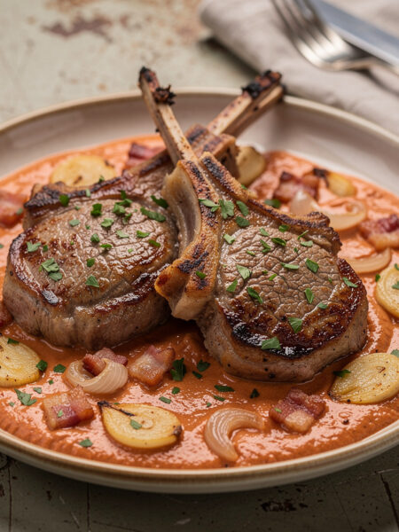 Gebakken lamskoteletjes met romige tomatensaus en knoflook