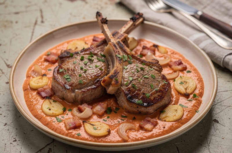 Gebakken lamskoteletjes met romige tomatensaus en knoflook