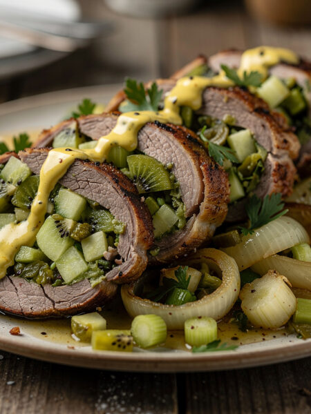 Green stuffed New Zealand lamb
