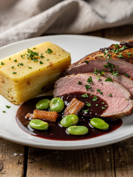 Lamsbout met rode wijnsaus, tuinbonen en aardappelterrine