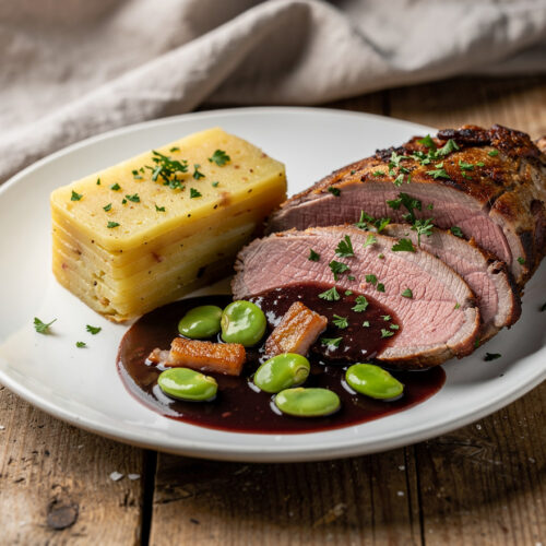 Lamsbout met rode wijnsaus, tuinbonen en aardappelterrine