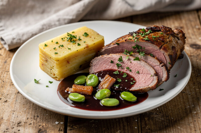 Lamsbout met rode wijnsaus, tuinbonen en aardappelterrine