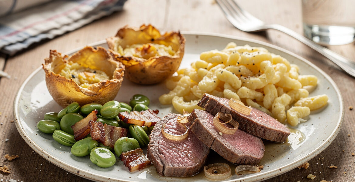 Lamsfilet met tuinbonen, gevulde aardappelnestjes en sp&Auml;tzle