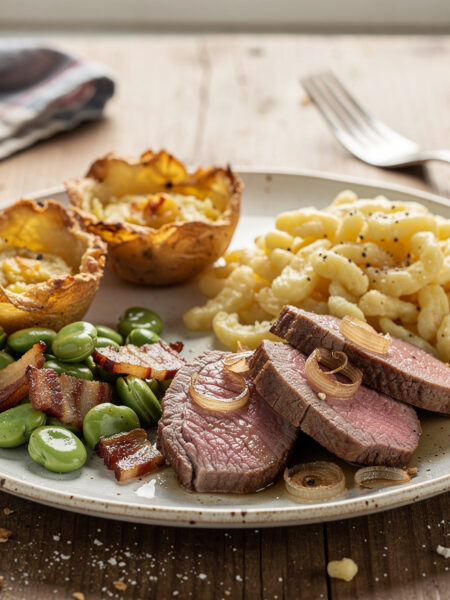 Lamsfilet met tuinbonen, gevulde aardappelnestjes en sp&Auml;tzle