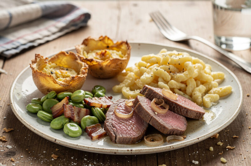 Lamsfilet met tuinbonen, gevulde aardappelnestjes en spÄtzle