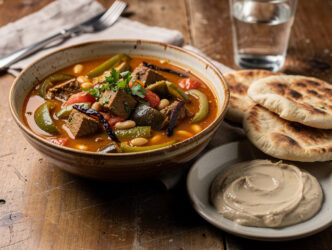 Lamssoep met aubergine en paprika