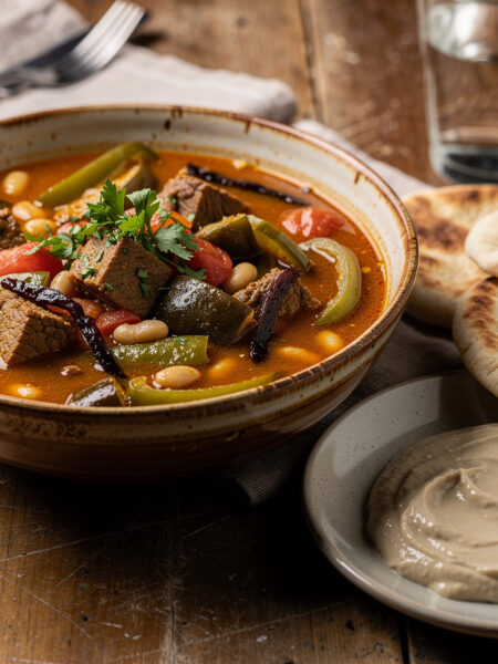 Lamssoep met aubergine en paprika