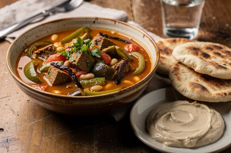 Lamssoep met aubergine en paprika