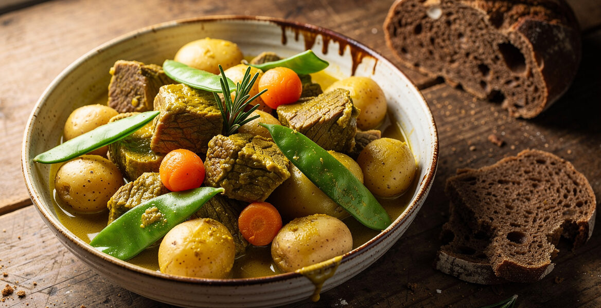 Lamsstoofschotel met krieltjes en peultjes
