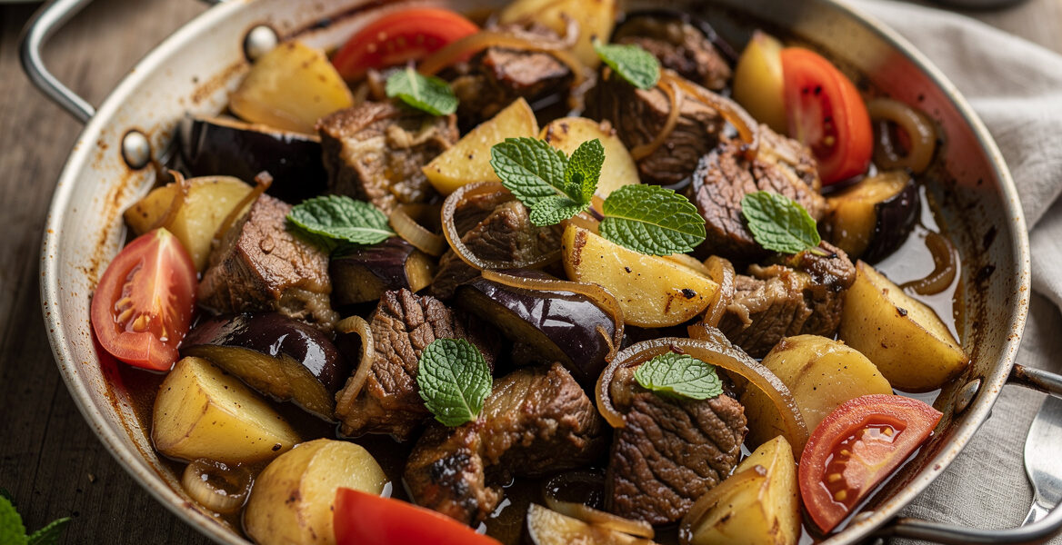 Lamsvlees met aardappelen en aubergines