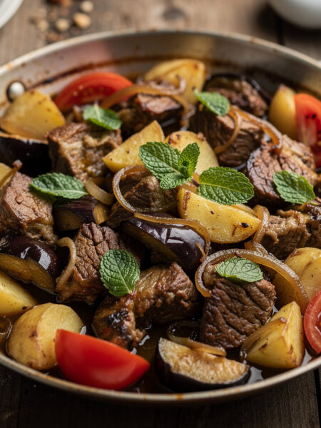 Lamsvlees met aardappelen en aubergines