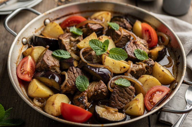 Lamsvlees met aardappelen en aubergines