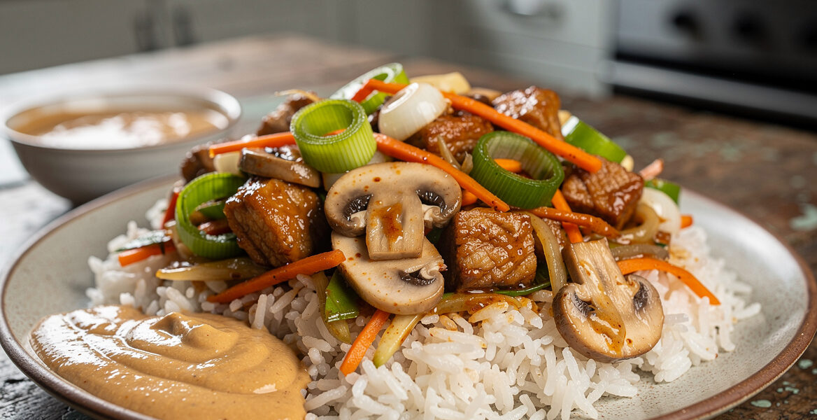 Moksie Alesie Pork (gemengd rijstgerecht met verse groenten en hamlappen)