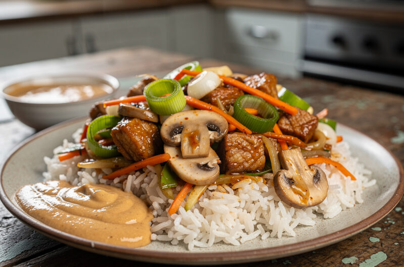 Moksie Alesie Pork (gemengd rijstgerecht met verse groenten en hamlappen)