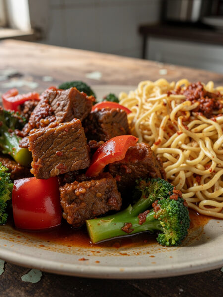 Pittig gestoofd lamsvlees met broccoli