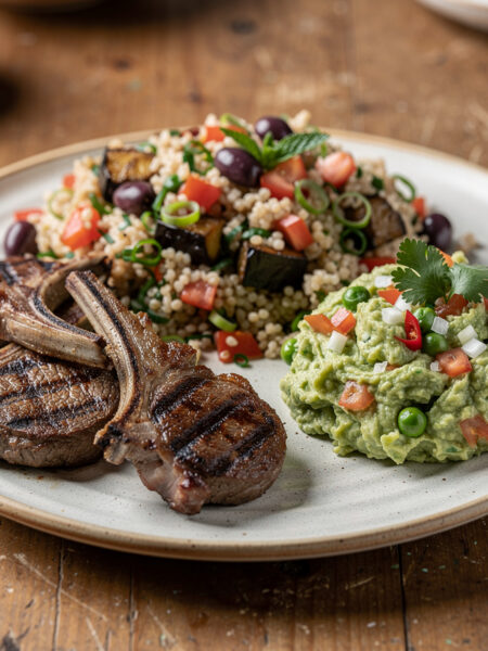 Taboulehsalade met lamskoteletjes en doperwtenguacamole