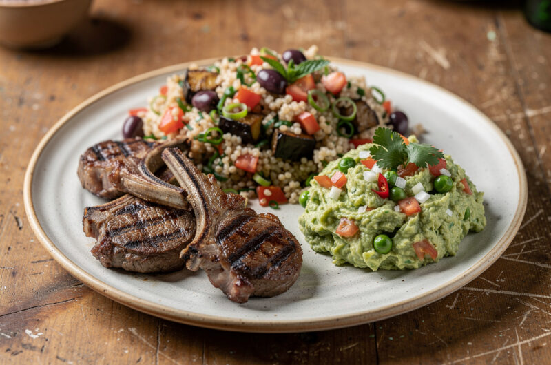 Taboulehsalade met lamskoteletjes en doperwtenguacamole