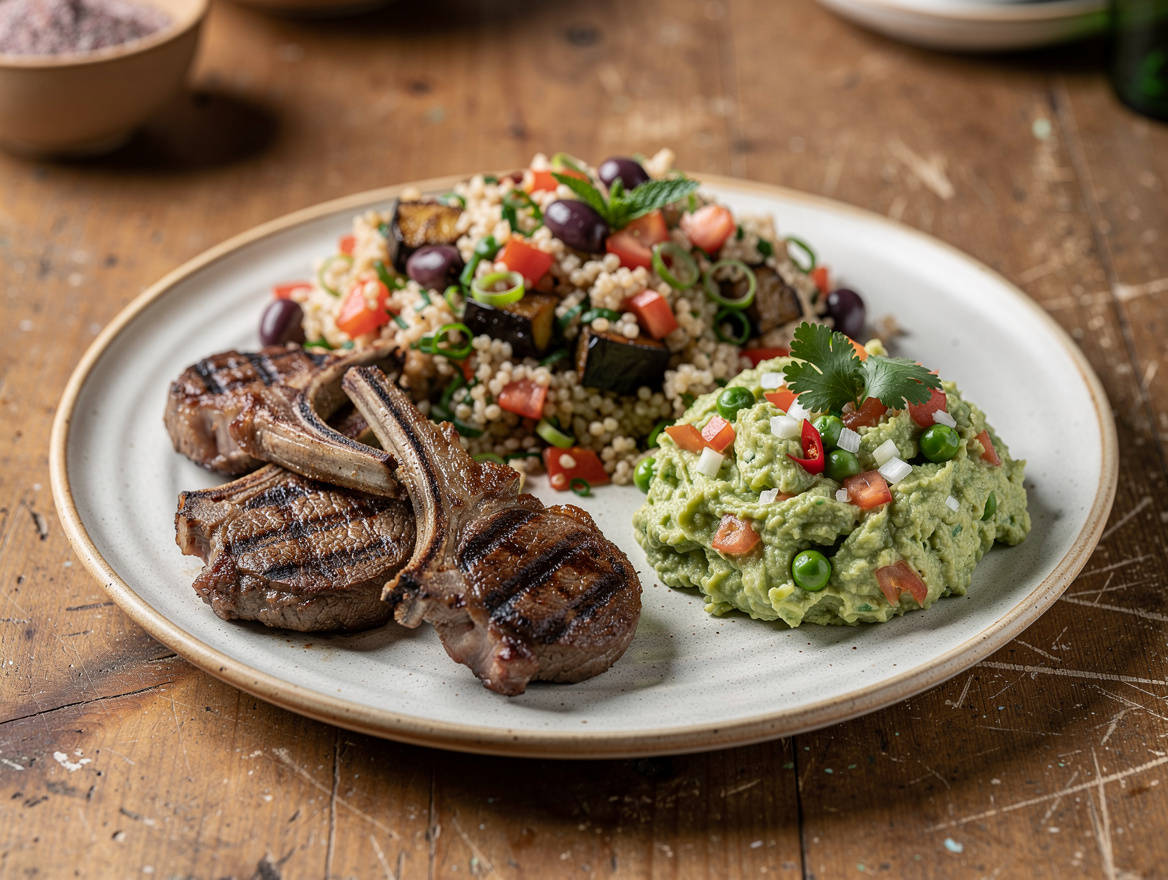 Taboulehsalade met lamskoteletjes en doperwtenguacamole