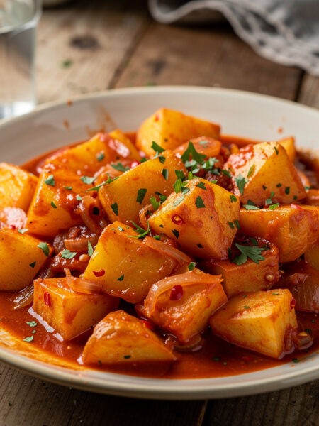 Aardappelblokjes in pikante tomatensaus