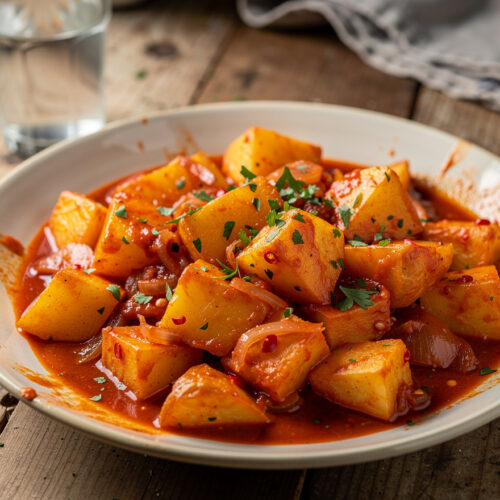 Aardappelblokjes in pikante tomatensaus