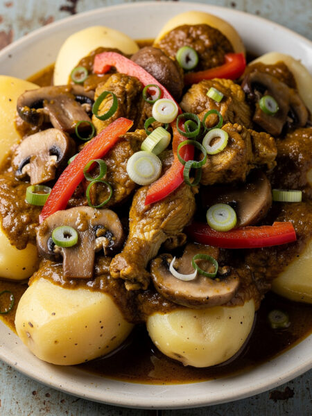 Alu Gosh Soerwa Me (gekookte aardappel in vlees met jus)
