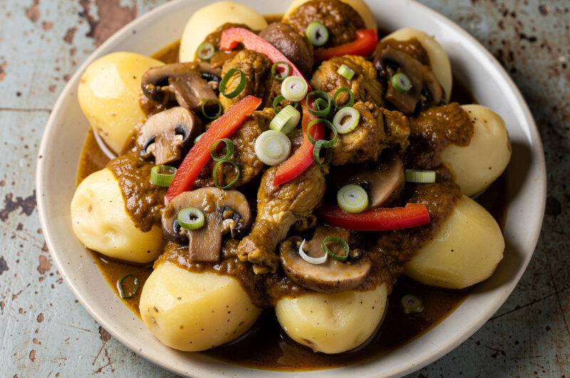 Alu Gosh Soerwa Me (gekookte aardappel in vlees met jus)