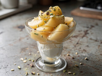 Appelcompote met pistachenootjes en slagroomijs