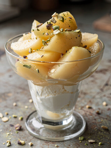 Appelcompote met pistachenootjes en slagroomijs