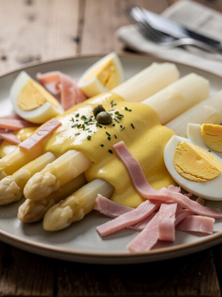 Asperges met een lichte Hollandaise saus.