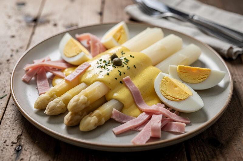 Asperges met een lichte Hollandaise saus.