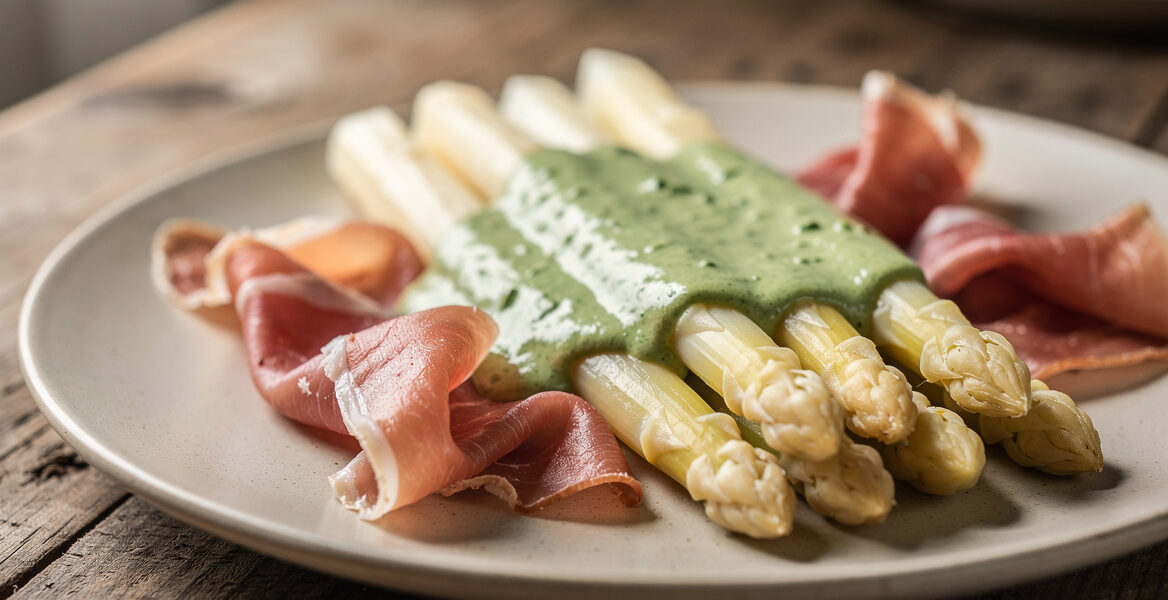 Asperges met rauwe ham en basilicumsaus