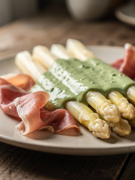 Asperges met rauwe ham en basilicumsaus