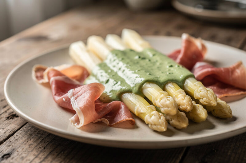 Asperges met rauwe ham en basilicumsaus