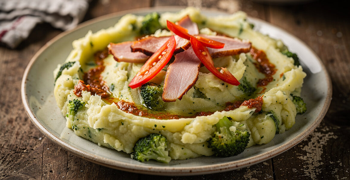 Broccolistamppot met pesto en tomaat