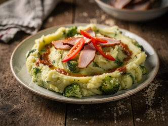 Broccolistamppot met pesto en tomaat