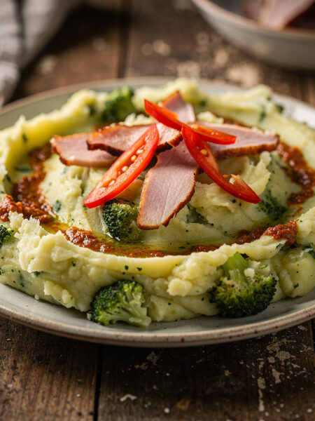 Broccolistamppot met pesto en tomaat