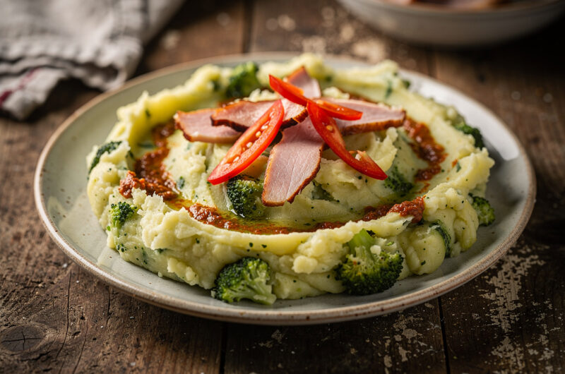 Broccolistamppot met pesto en tomaat