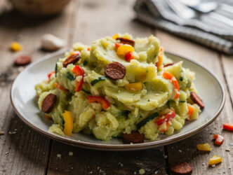 Courgettestamppot met paprika en chorizo