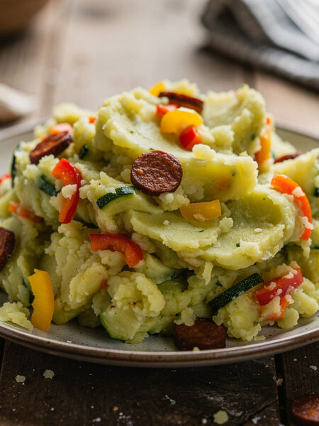 Courgettestamppot met paprika en chorizo