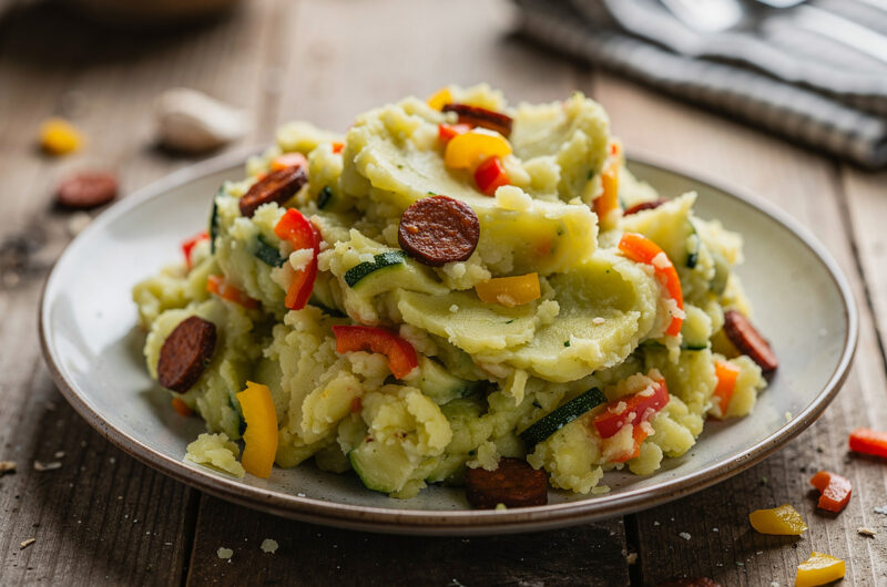 Courgettestamppot met paprika en chorizo