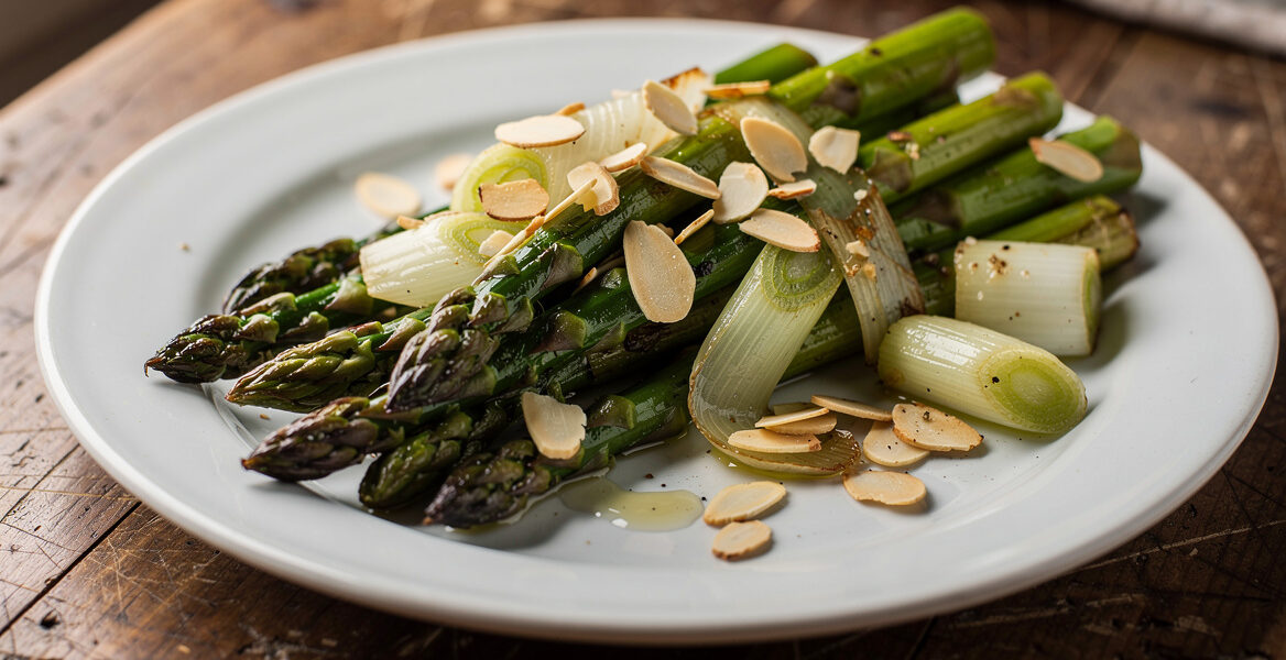Gebakken asperges met bosuitjes en amandelen