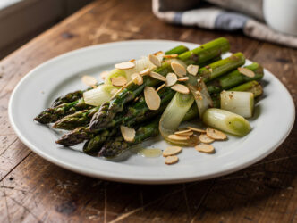 Gebakken asperges met bosuitjes en amandelen