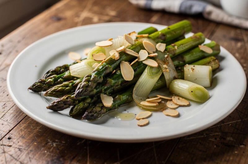 Gebakken asperges met bosuitjes en amandelen