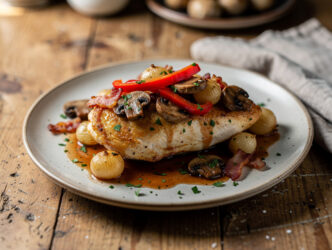 Gebraden kipfilet met spek, uien en champignons