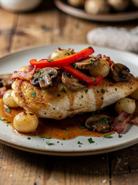 Gebraden kipfilet met spek, uien en champignons