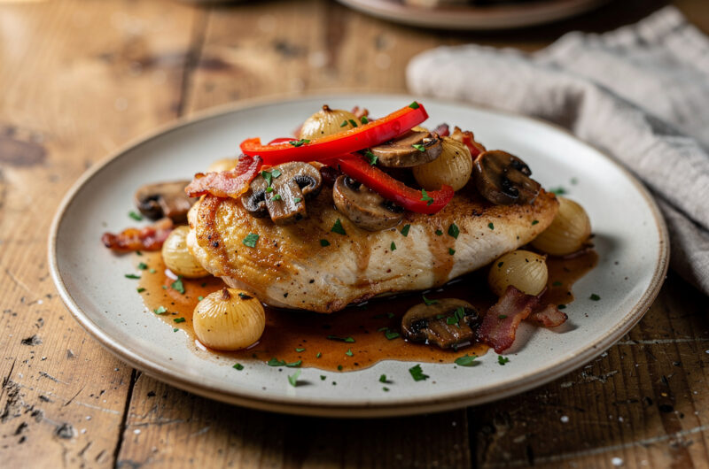 Gebraden kipfilet met spek, uien en champignons