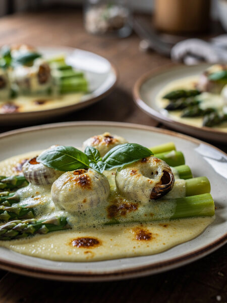 Gegratineerde slakken met asperges