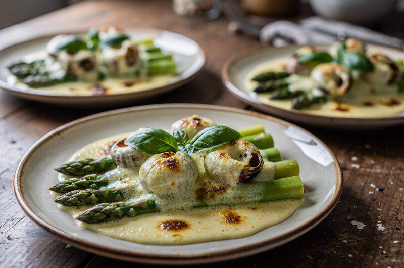 Gegratineerde slakken met asperges