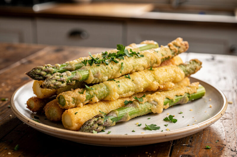 Groene asperges in kaasbeslag